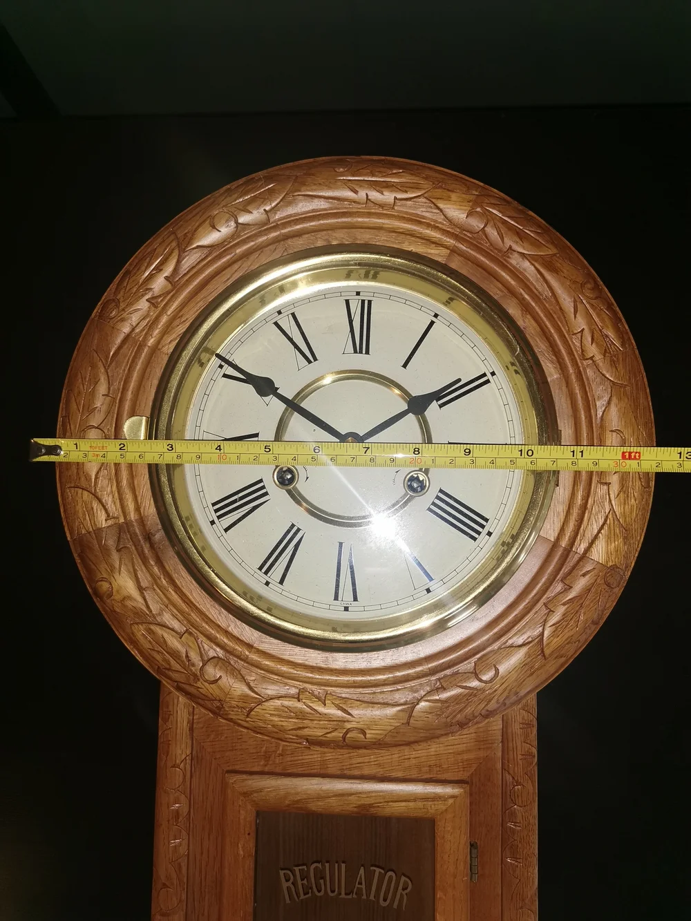 Vintage Oak Regulator A Wall Clock Engraved W/Keys & Pendulum Works